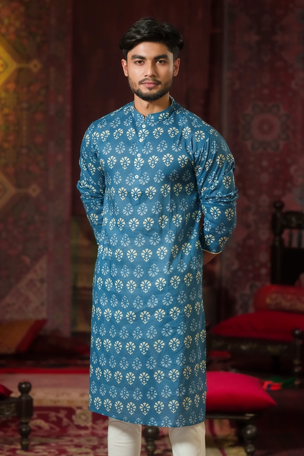 Men’s Knee-Length Slab Silk Digital Print Panjabi